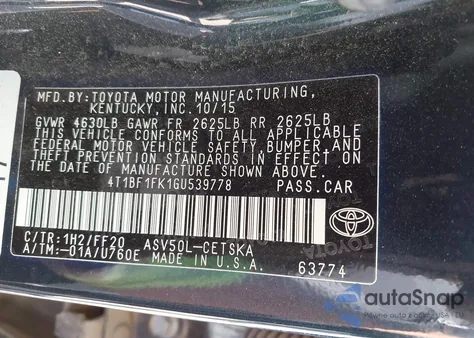 2016 Toyota Camry Se from USA, damaged, VIN 4T1BF1FK1GU539778